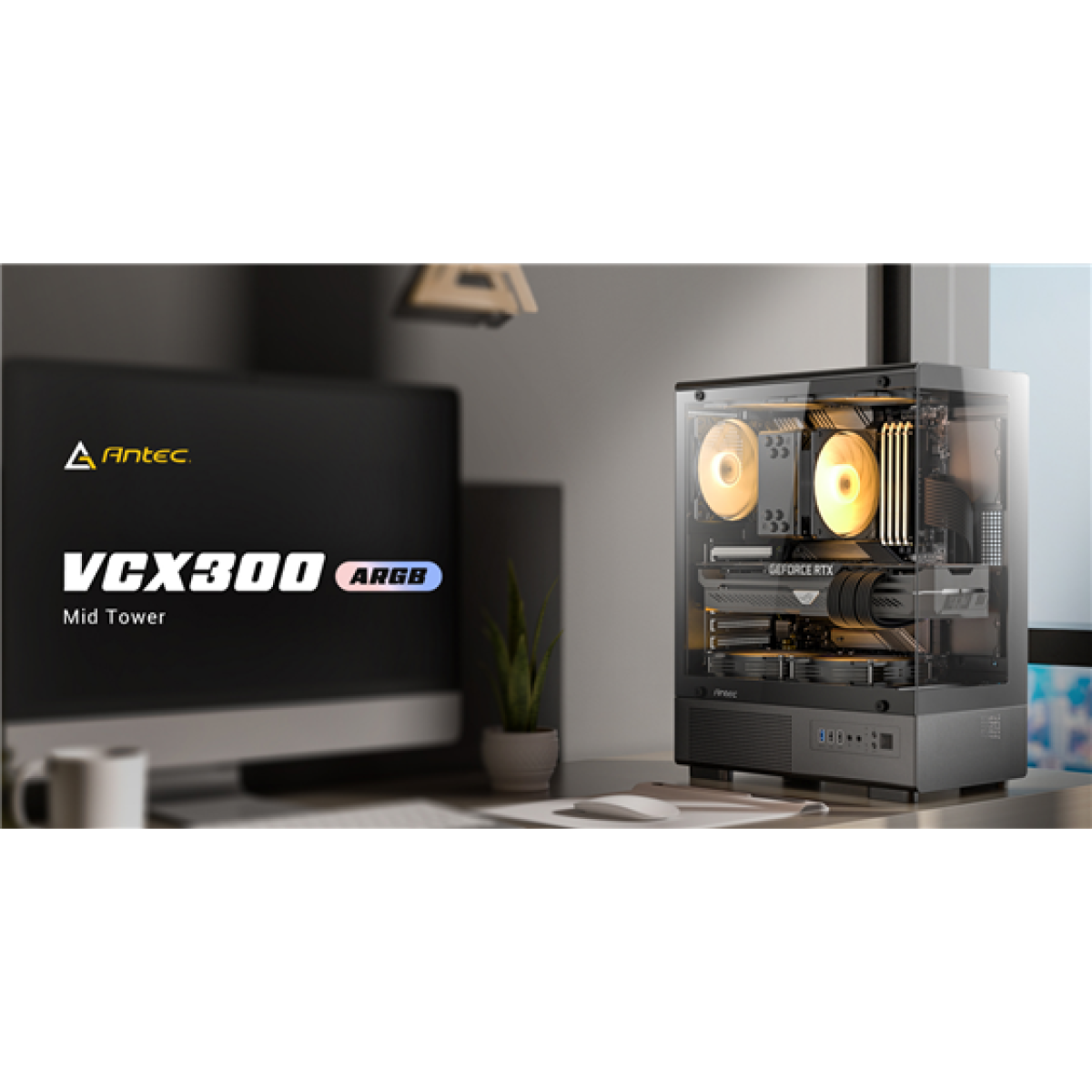CASE GAMING ANTEC VCX300 ARGB MID-TOWER. POSEE UN DISEÑO PANORÁMICO DE 270 GRADOS CON PANEL DE VIDRIO TEMPLADO SIN PILARES (A-PILLAR FREE) PARA UNA VISIBILIDAD TOTAL DEL INTERIOR. INCLUYE CINCO ABANICOS ARGB DE 120MM PREINSTALADOS (1 TRASERO, 2 SUPERIORES Y 2 SOBRE EL COMPARTIMENTO DEL POWER SUPPLY). DISEÑO DE FLUJO DE AIRE VERTICAL OPTIMIZADO DESDE LA BASE HACIA ARRIBA. COMPATIBLE CON PLACAS BASE ATX, MICRO-ATX E ITX. SOPORTA TARJETAS GRÁFICAS DE HASTA 320MM Y DISIPADORES DE CPU DE HASTA 165MM DE ALTURA. PANEL I/O CON (2) USB 2.0, (1) USB 3.0, AUDIO HD Y BOTÓN DE CONTROL LED.