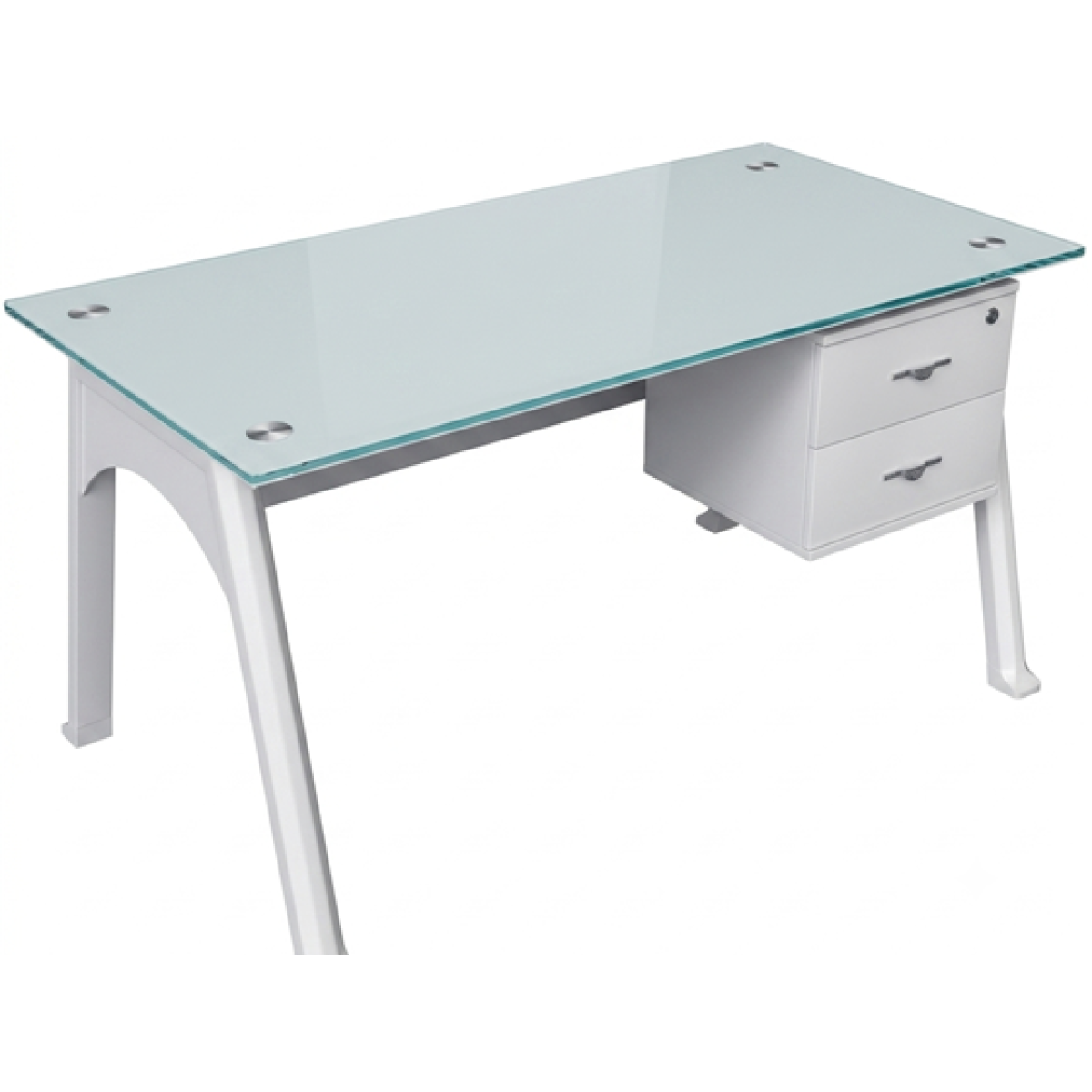 ESCRITORIO DE OFICINA MYO CON TOPE DE VIDRIO TEMPLADO DE 12 MM, GAVETERO COLGANTE FIJO, BASE DE METAL, COLOR BLANCO