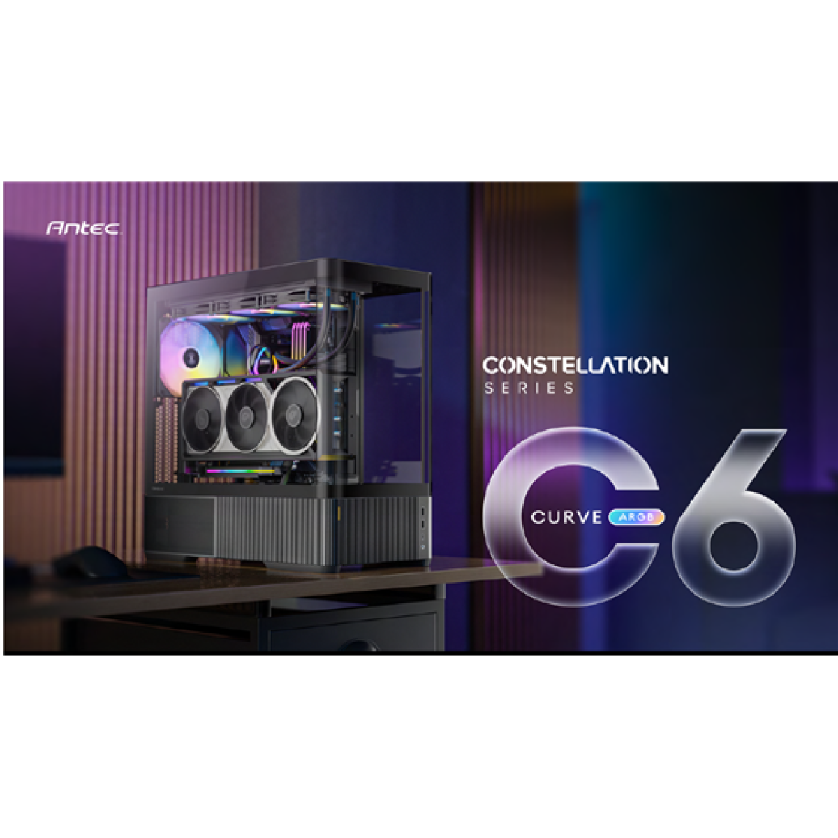 CASE GAMING ANTEC C6 CURVE ARGB MID-TOWER. DISEÑO INNOVADOR CON PANEL DE VIDRIO TEMPLADO CURVO PARA UNA VISTA PANORÁMICA SIN MARCOS. ESTRUCTURA DE ENFRIAMIENTO VERTICAL CON TOMA DE AIRE MULTIDIRECCIONAL Y FLUJO MASIVO. INCLUYE TRES VENTILADORES ARGB PWM PREINSTALADOS: DOS "REVERSE" DE 120MM EN LA BASE Y UNO DE 140MM EN LA PARTE TRASERA. CONECTIVIDAD FRONTAL EN PANEL I/O: UN PUERTO USB TYPE-C 3.2 GEN 2 (10GBPS), UN PUERTO USB 3.0 Y AUDIO COMBO JACK. COMPATIBLE CON PLACAS BASE BACK-CONNECT Y TARJETAS GRÁFICAS DE ÚLTIMA GENERACIÓN COMO LA RTX 5090. OPTIMIZACIÓN DE ENTRADA DE AIRE INFERIOR DE 55MM. INCLUYE CÁMARA DE FUENTE LATERAL Y PANELES TOOL-FREE PARA FÁCIL ACCESO.