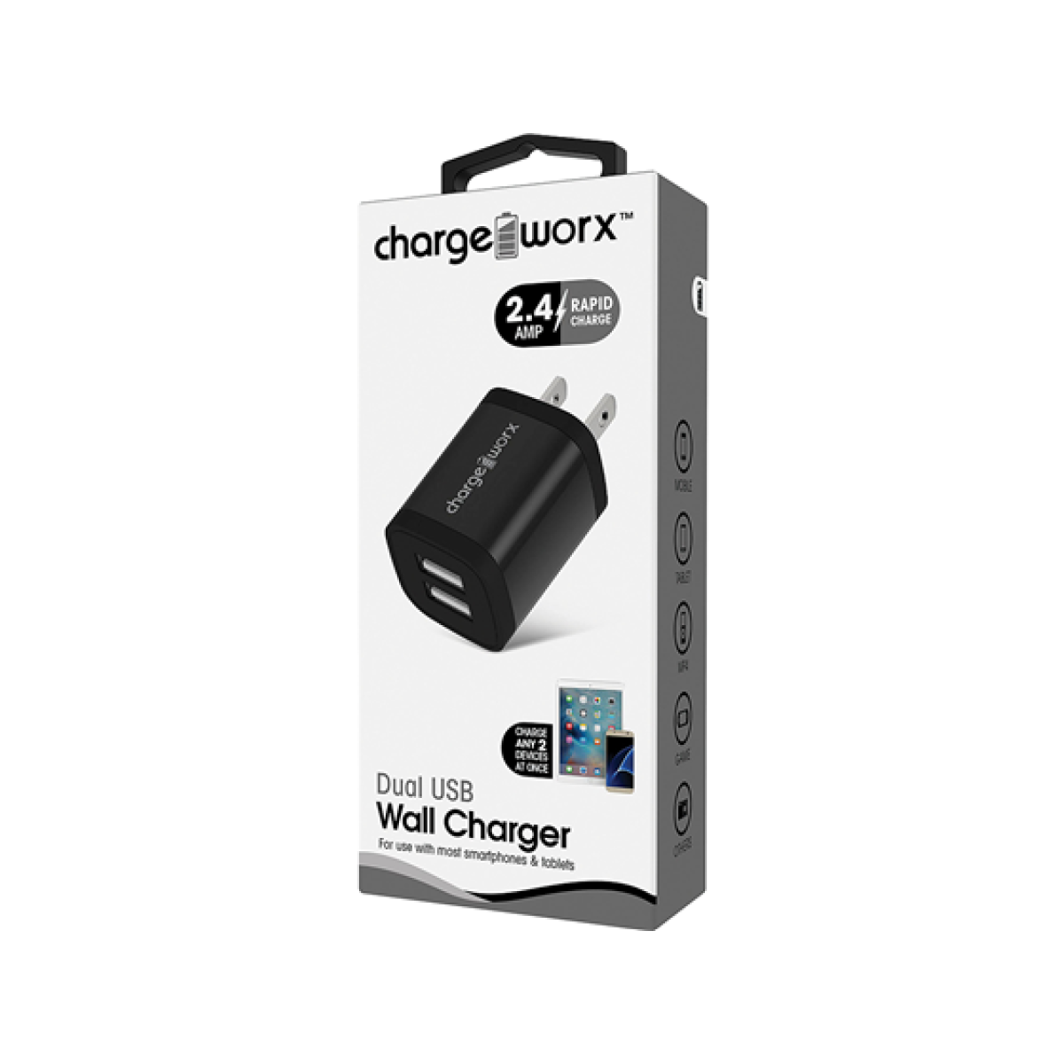 CARGADOR DE PARED DUAL USB (2.4AMP), CHARGEWORX,, PARA SMARTPHONES & TABLETS, NEGRO, CARGA RAPIDA