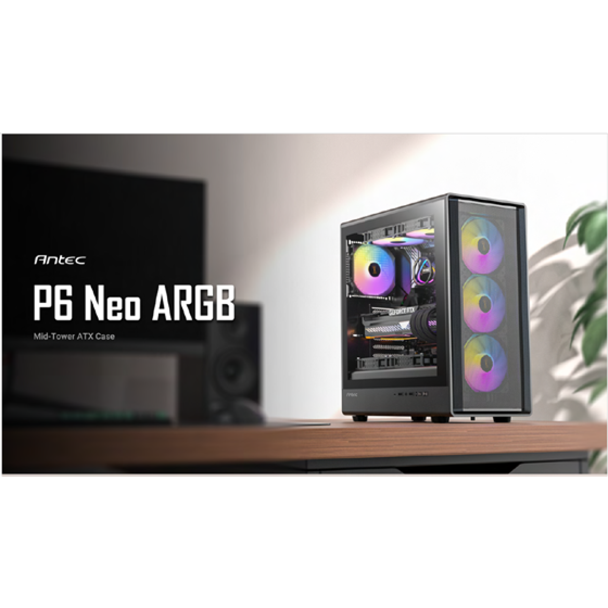 CASE GAMING ANTEC P6 NEO ARGB MID-TOWER. DISEÑO DE PANEL FRONTAL DE MALLA PARA UNA ENTRADA DE AIRE EFICIENTE CON PROTECCIÓN CONTRA EL POLVO. INCLUYE CUATRO VENTILADORES ARGB PREINSTALADOS (TRES DE 120MM FRONTALES Y UNO DE 120MM TRASERO). CONECTIVIDAD FRONTAL: UN PUERTO USB TYPE-C 3.2 GEN 2 (10GBPS), DOS PUERTOS USB 3.0 Y AUDIO HD. SISTEMA DE ENFRIAMIENTO OPTIMIZADO PARA GPU CON TOMA DE AIRE INFERIOR. SOPORTA PLACAS BASE ATX, MICRO-ATX E ITX. ALTURA MÁXIMA DISIPADOR CPU: 175MM. LONGITUD MÁXIMA GPU: 325MM. INCLUYE SIETE RANURAS PCIE REUTILIZABLES, PANELES TOOL-FREE Y FILTROS MAGNÉTICOS REMOVIBLES.