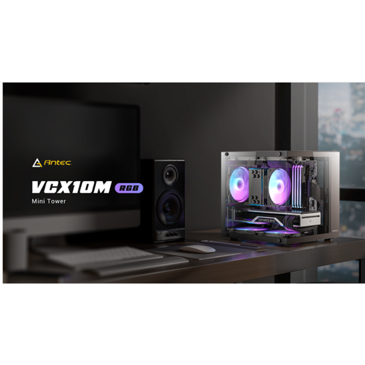 CASE GAMING ANTEC VCX10M RGB MINI-TOWER. DISEÑO DE DOBLE CÁMARA QUE ASEGURA ENFRIAMIENTO INDEPENDIENTE PARA CPU/GPU Y FUENTE DE PODER/DISCOS. PANELES DE VIDRIO TEMPLADO FRONTAL Y LATERAL SIN MARCOS PARA UNA VISTA PANORÁMICA DE 270 GRADOS. INCLUYE TRES VENTILADORES RGB DE 120MM PREINSTALADOS (DOS EN LA BASE Y UNO TRASERO). CONECTIVIDAD FRONTAL: UN PUERTO USB 3.0, DOS PUERTOS USB 2.0 Y AUDIO HD. ESTRUCTURA DE ENFRIAMIENTO VERTICAL CON TOMA DE AIRE MASIVA POR MALLA INFERIOR Y LATERAL. SOPORTE PARA PLACAS BASE MICRO-ATX E ITX. ALTURA MÁXIMA DISIPADOR CPU: 165MM. LONGITUD MÁXIMA GPU: HASTA 260MM.