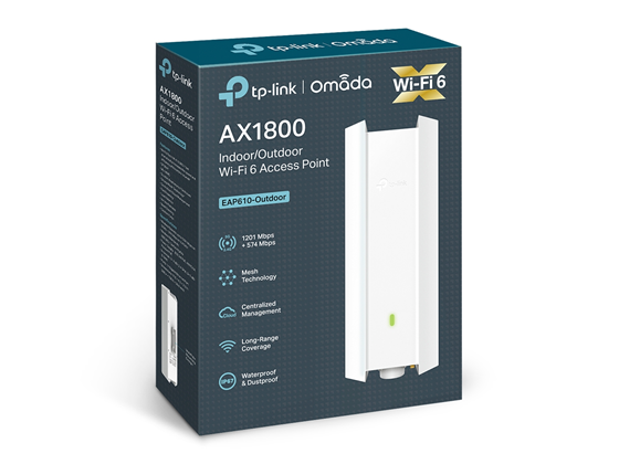 ACCESS POINT TP-LINK OMADA EAP610-OUTDOOR, WI-FI 6 AX1800 DE INTERIOR/EXTERIOR, HASTA 1.8 GBPS (574 MBPS EN 2.4GHZ + 1201 MBPS EN 5GHZ), OFDMA Y MU-MIMO, PUERTO GIGABIT CON POE 802.3AT Y POE PASIVO, CARCASA RESISTENTE A LA INTEMPERIE IP67, ANTENAS DESMONTABLES, GESTIÓN CENTRALIZADA OMADA SDN, MESH Y ROAMING RÁPIDO.