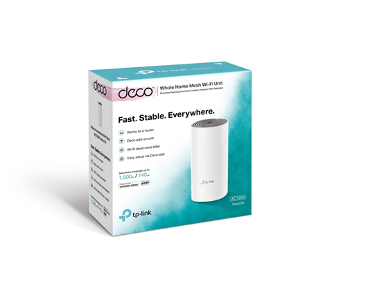 ROUTER WI-FI MESH TP-LINK DECO E4 (1-PACK), DOBLE BANDA AC1200, HASTA 260M² DE COBERTURA POR UNIDAD, 2 PUERTOS 10/100MBPS POR UNIDAD, MU-MIMO, ADMITE HASTA 100 DISPOSITIVOS, GESTIÓN DESDE LA APP DECO, REEMPLAZA ROUTER Y EXTENSORES DE COBERTURA.