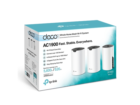 ROUTER WI-FI MESH TP-LINK DECO S7 (3-PACK), 1900 MBPS COMBINADOS (1300 MBPS EN 5GHZ + 600 MBPS EN 2.4GHZ), WI-FI 5 (802.11AC), MESH AI, COBERTURA AMPLIA PARA TODO EL HOGAR, RED UNIFICADA CON UN SOLO NOMBRE, GESTIÓN DESDE LA APP DECO.